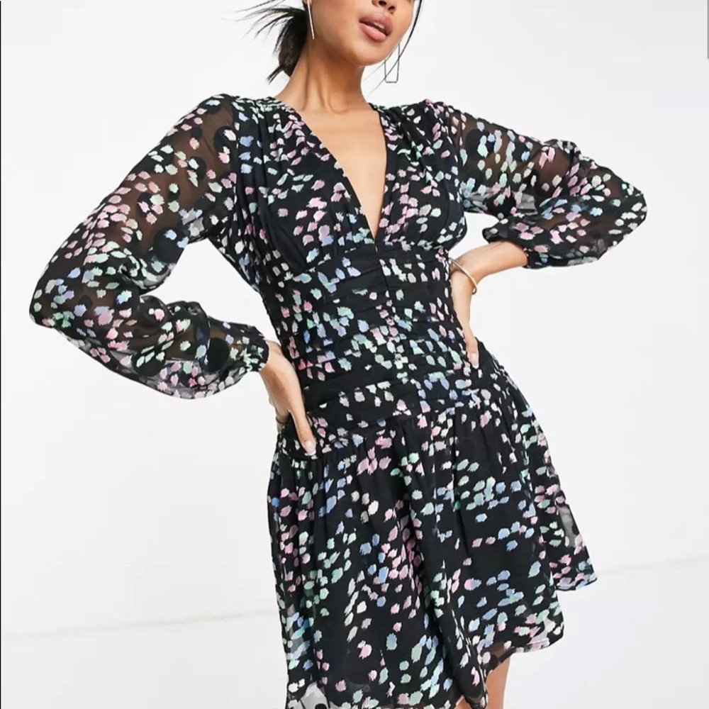 Long sleeve ruched front skater mini dress in brushed jacquard print